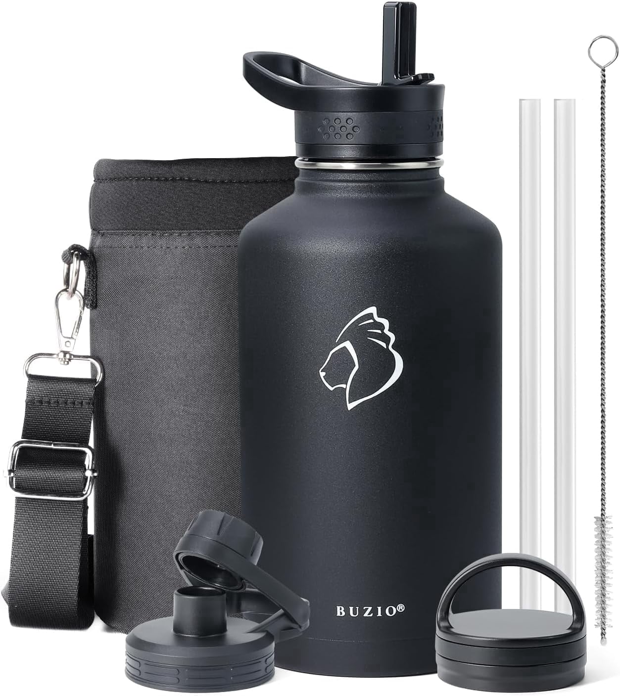 Buzio 64 oz Insulated Water Bottle with Straw & 3 Lids, Half Gallon Water Bottle Stainless Steel with Carrying Strap for Gym Sports Outdoor Hiking, Magic Black