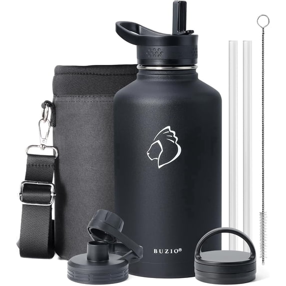 Buzio 64 oz Insulated Water Bottle with Straw & 3 Lids, Half Gallon Water Bottle Stainless Steel with Carrying Strap for Gym Sports Outdoor Hiking, Magic Black