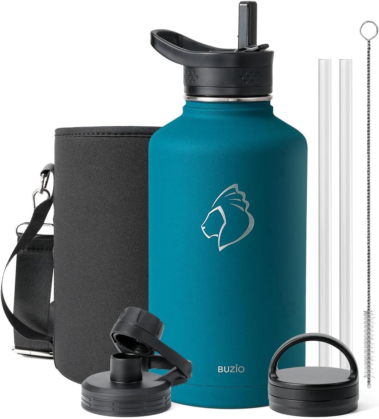 Buzio 64 oz Insulated Water Bottle with Straw & 3 Lids, Half Gallon Water Bottle Stainless Steel with Carrying Strap for Gym Sports Outdoor Hiking, Dark Blue