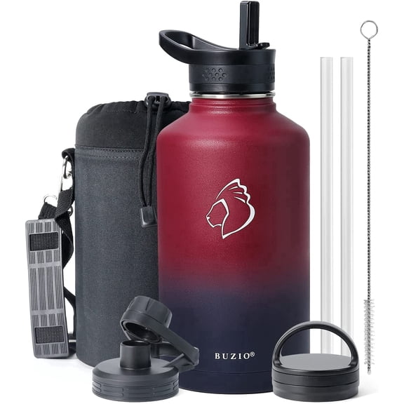 Buzio 64 oz Insulated Water Bottle with Straw & 3 Lids, Half Gallon Water Bottle Stainless Steel with Carrying Strap for Gym Sports Outdoor Hiking, Ombre Wine/Navy