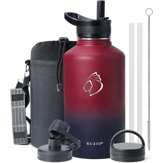 Buzio 64 oz Insulated Water Bottle with Straw & 3 Lids, Half Gallon Water Bottle Stainless Steel with Carrying Strap for Gym Sports Outdoor Hiking, Ombre Wine/Navy