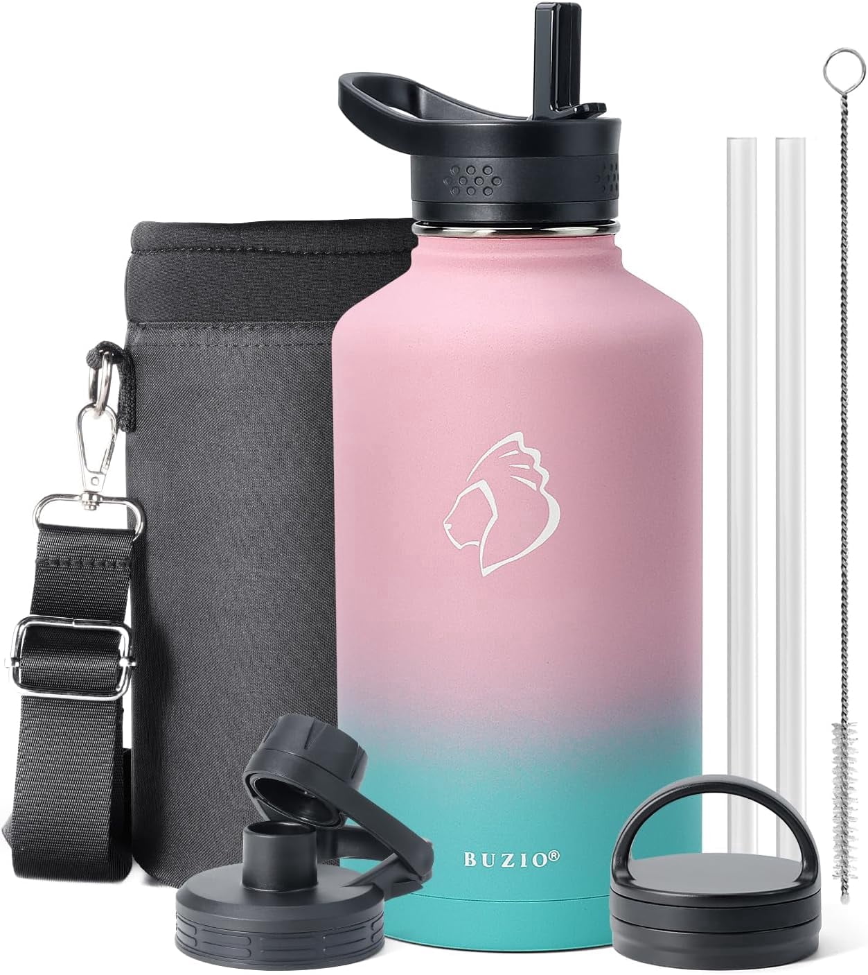 Buzio 64 oz Water Bottle Insulated with Straw & 3 lid and Carrying Pouch Leak Proof Anti-Slip Stainless Steel Water Flask Jug,BPA-Free, Bubble Gum
