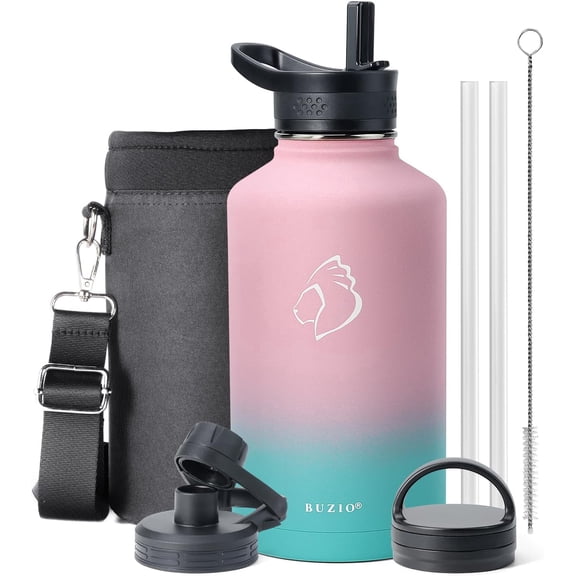 Buzio 64 oz Water Bottle Insulated with Straw & 3 lid and Carrying Pouch Leak Proof Anti-Slip Stainless Steel Water Flask Jug,BPA-Free, Bubble Gum