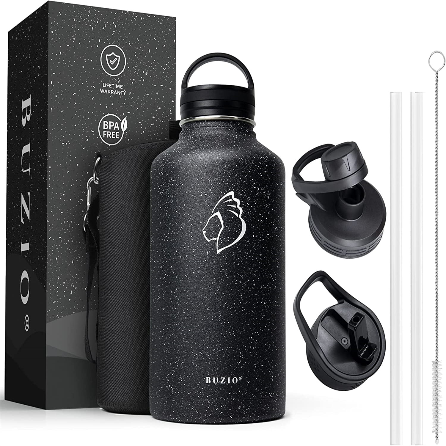 Buzio Insulated Stainless Steel Water Bottle with Straw Lids, 64 oz Vacuum Water Jug, Starry Black