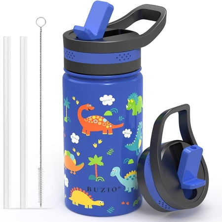 Buzio Insulated Water Bottle for Kids, 14oz Double Walled Stainless Steel Water Bottle with 2 Straw Lids, Blue Dinosaur
