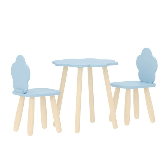 Buzz & Bloom Kids 3-Piece Wooden Cloud-Shaped Table and Chairs Set, Blue/Natural