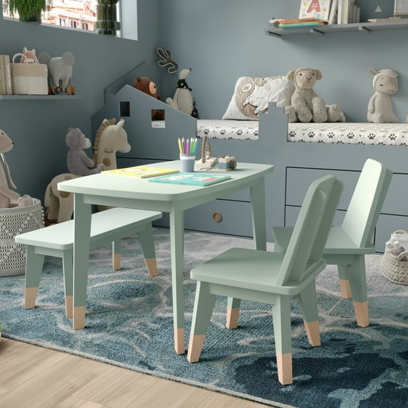 Buzz & Bloom Kids 4-Piece Wood Table, 2 Chairs, and Bench Seating Set with Rounded Corners, Sage/Natural