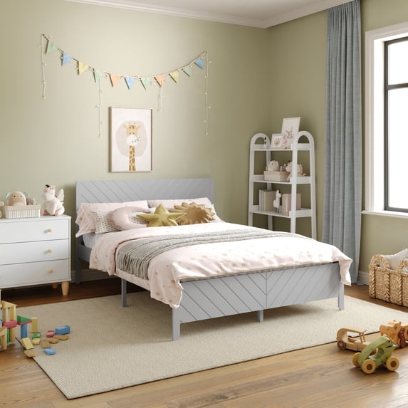 Buzz & Bloom Kids Full-Size Platform Bed with Panel Headboard and Footboard, Gray