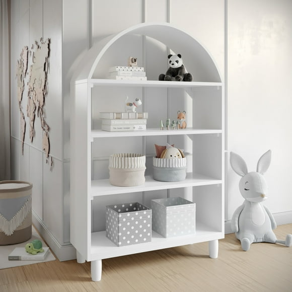 Buzz & Bloom Kids Open-Style Engineered Wood Bookshelf with 4 Shelves and Covered Rounded Top, White