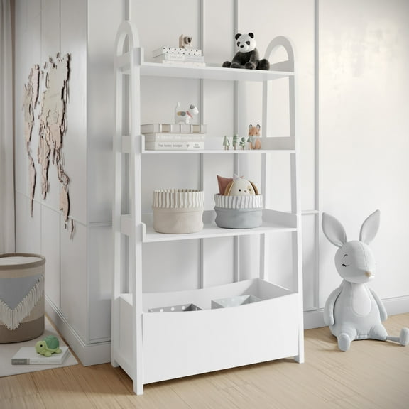 Buzz & Bloom Kids Open-Style Engineered Wood Bookshelf with 3 Shelves and Bottom Storage Bin, White