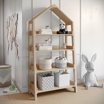 Buzz & Bloom Kids Open-Style Wooden Bookshelf with 4 Shelves and Covered Triangular Top, Natural