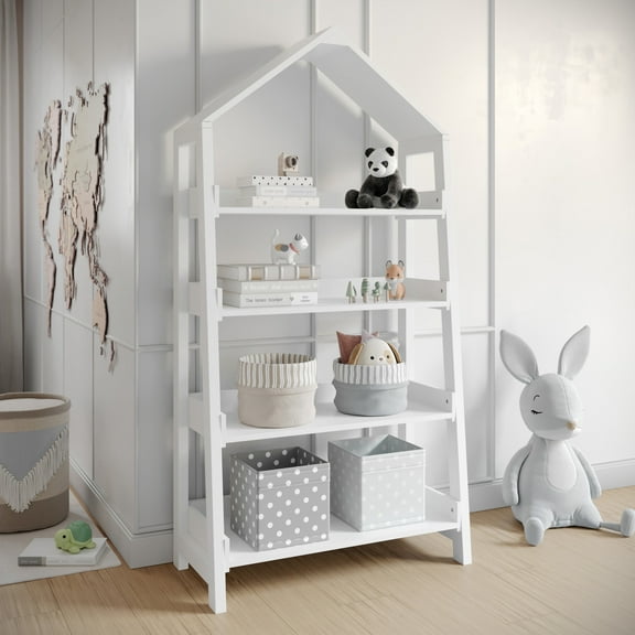 Buzz & Bloom Kids Open-Style Wooden Bookshelf with 4 Shelves and Covered Triangular Top, White
