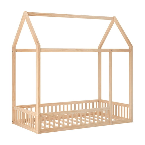 Buzz & Bloom Kids Twin-Size House Shaped Bed with Triangular Top, Natural