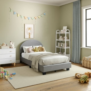 Buzz & Bloom Kids Twin-Size Platform Bed with Curved Channel Stitched Headboard, Gray