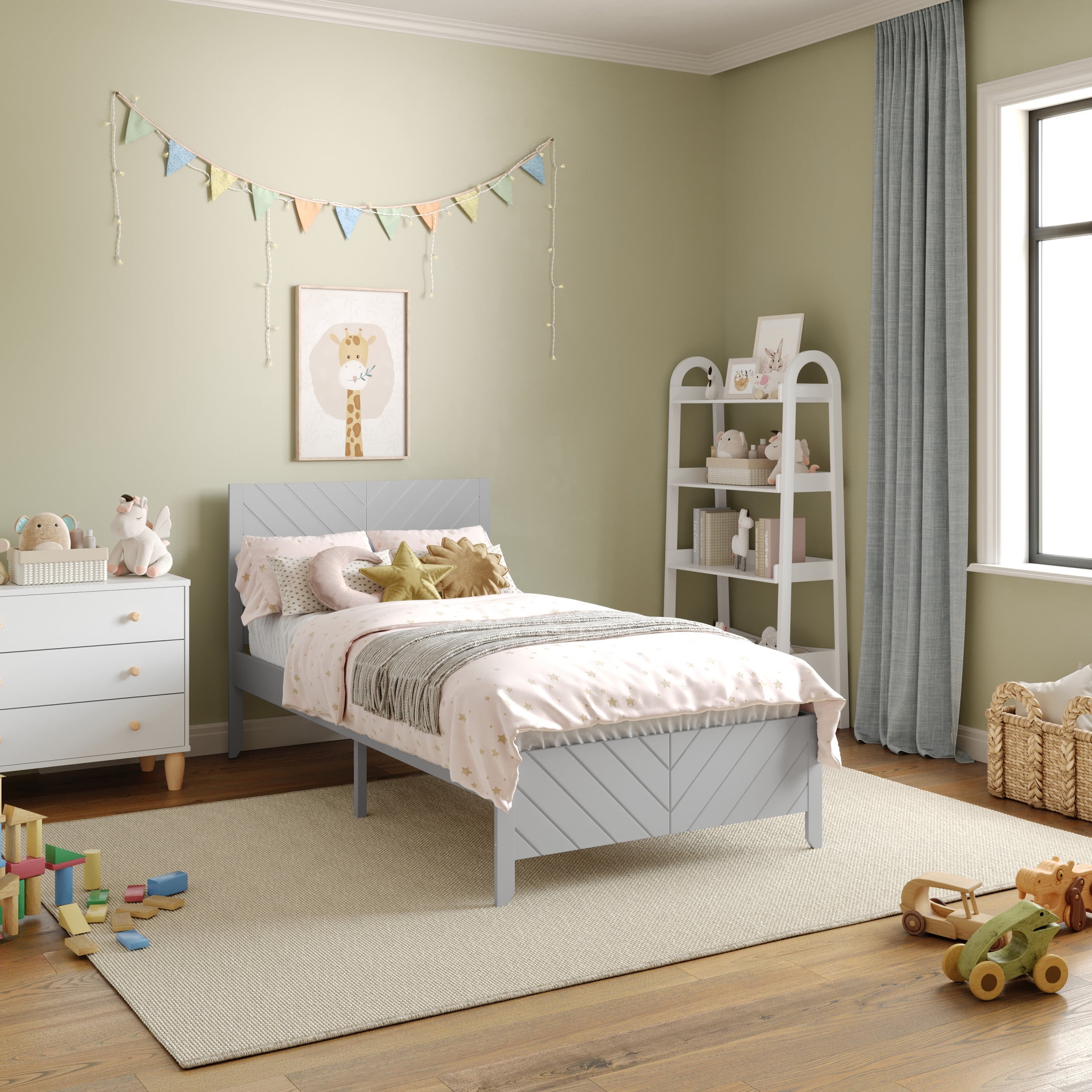 Buzz & Bloom Kids Twin-Size Platform Bed with Panel Headboard and Footboard, Gray