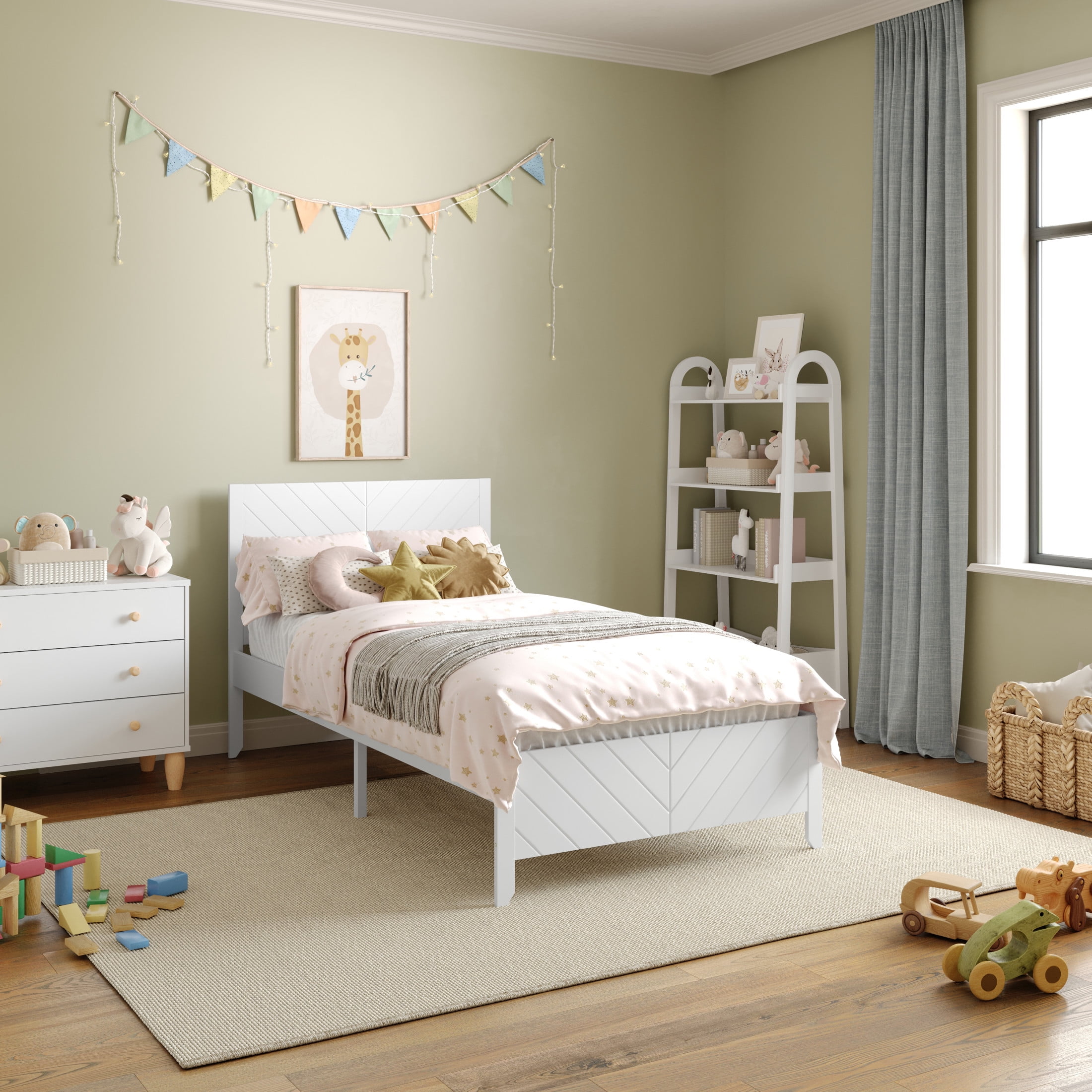 Buzz & Bloom Kids Twin-Size Platform Bed with Panel Headboard and Footboard, White