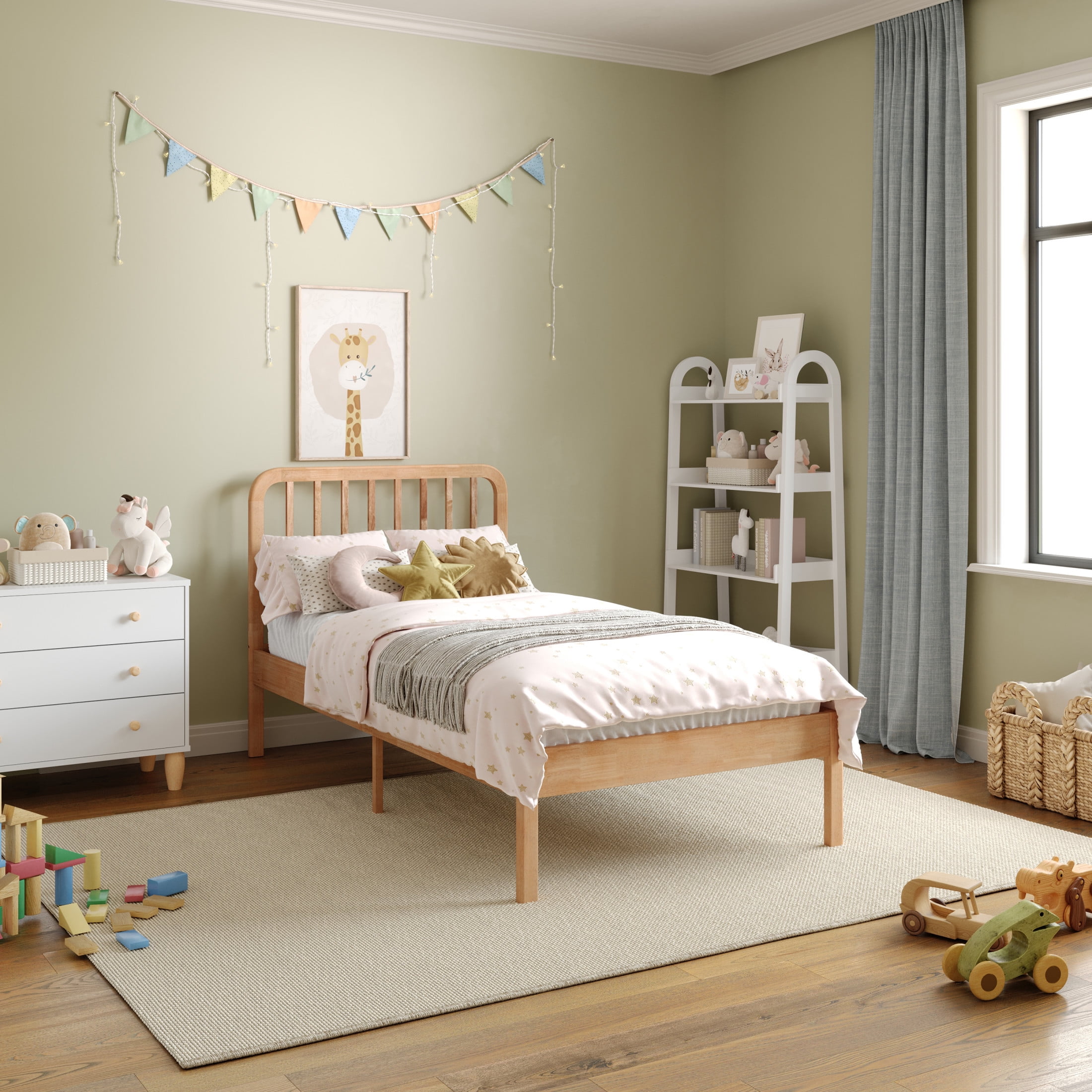 Buzz & Bloom Kids Twin-Size Platform Bed with Rectangular Wood Slat Headboard, Natural
