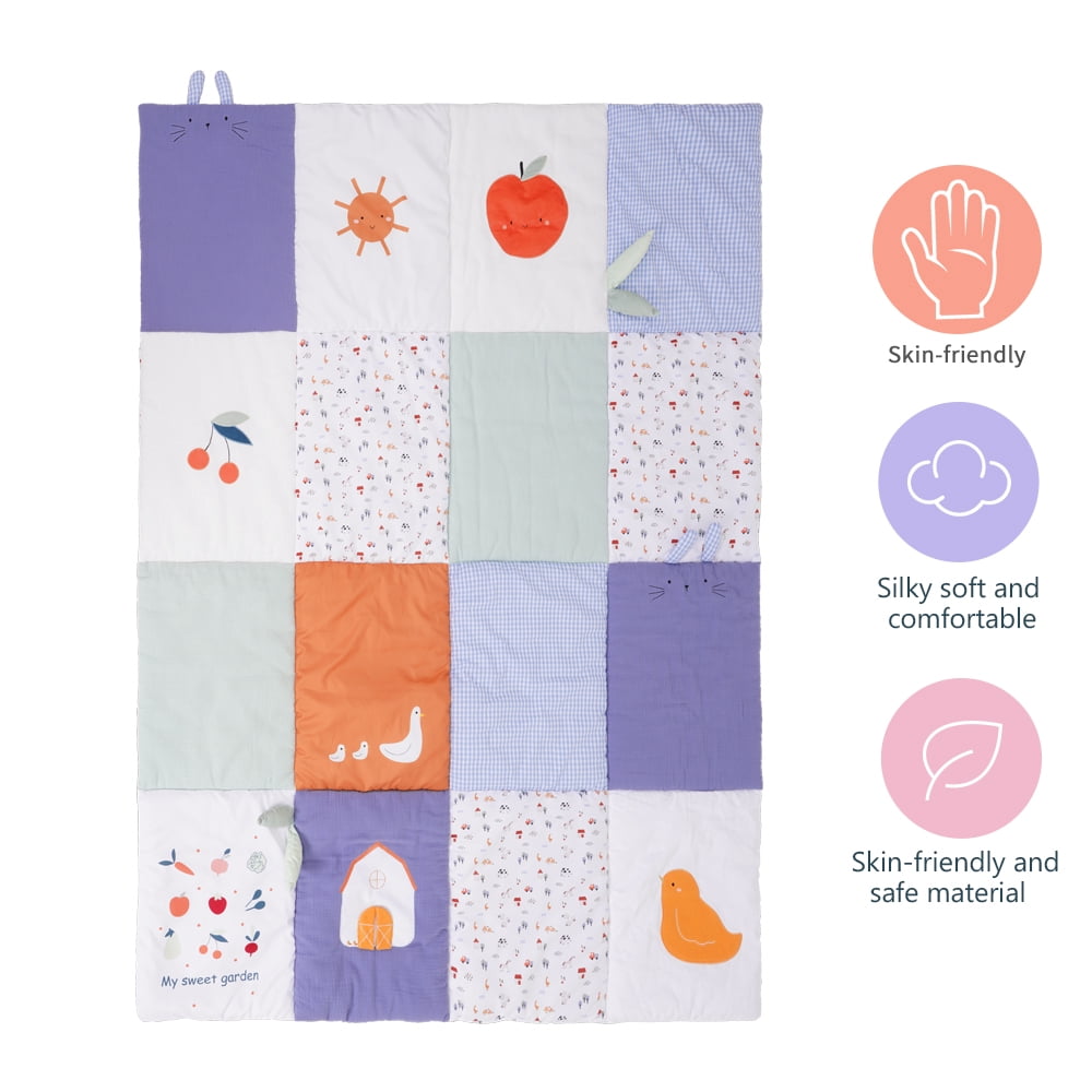 Buzz & Bloom Sweet Garden Baby Play Mat, Cotton Blend, Farm Theme with Animal Figures, Sensory Crawling Mat for Infant Tummy Time