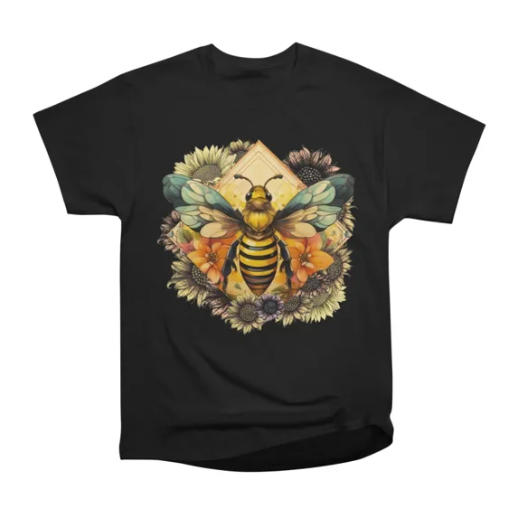 Buzz in Bloom Geometric Bee Floral Design T-Shirt Tee Gift For Him ...