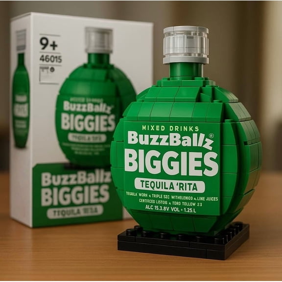 BuzzBallz Biggies Tequila 'Rita Building Set, 400+ Pieces Microblocks Miniature Liquor Bottle Model Kit with Display Base, Compatible with Major Brick Brands, Fun DIY Craft for Adults and Teens (9+)
