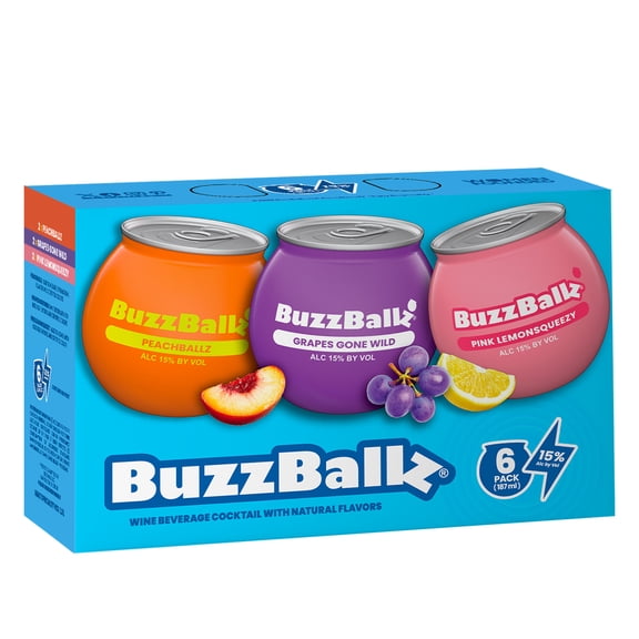 BuzzBallz Fruity Faves Chillers 6Pack (187ml), 15% ABV  Pink Lemonsqueezy, Grapes Gone Wild, Peachballz