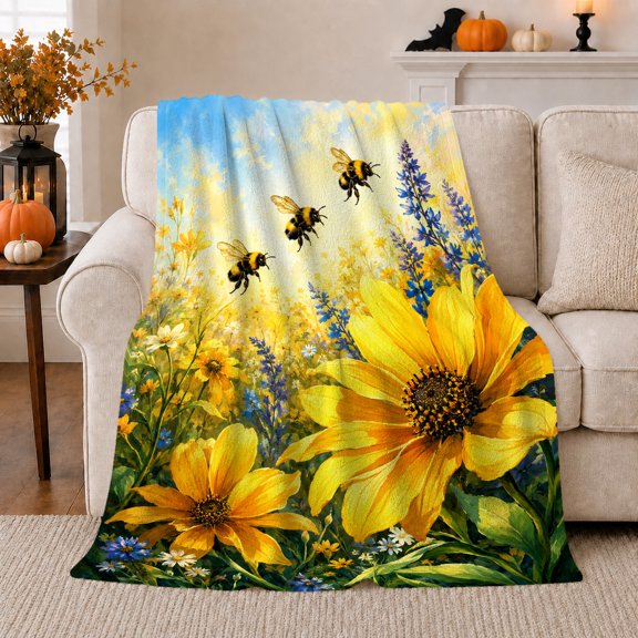 Buzzing Bumblebees Sunny Wildflowers Meadow, Festive Botanical Garden Scene, Warm Flannel Blanket for Sunroom and Reading Nook, Garden Lovers decorative theme Gift, Botanical Home Decor
