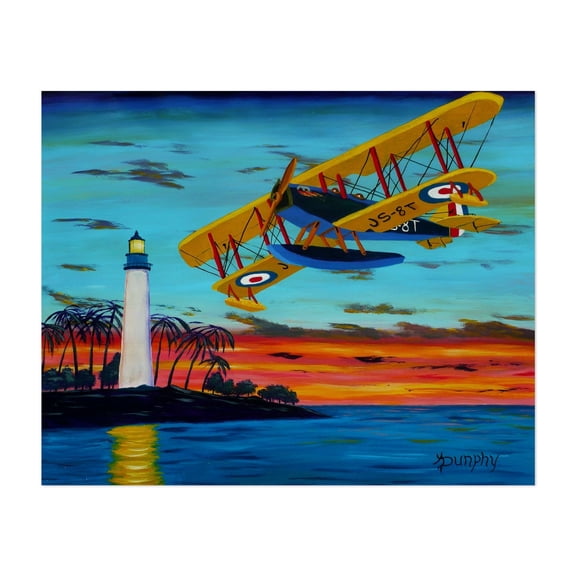 Buzzing the Light - Painting Airplane Sunset Lighthouse Seascape Tropical Vintage Palm Tree Unframed Wall Art Print 6 x 8 inches