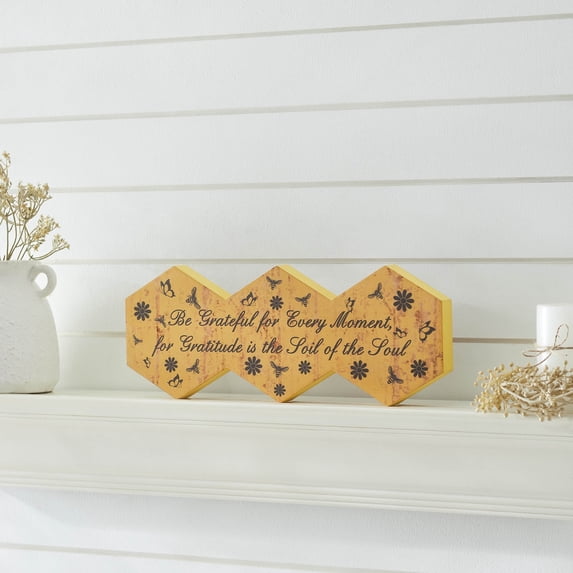 VHC Brands Buzzy Bees Be Grateful for Every Moment Hexagons MDF Wall Sign 5.8x15, Spring Decor, Home Decorations for Wall or Door, Spring and Easter Hanging Decoration