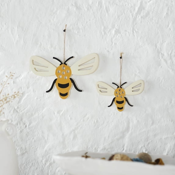 VHC Brands Buzzy Bees Bee Shaped MDF Wall Hanging w/Twine Set of 2 Sizes 6x10 and 4x6.5, Spring Decor, Home Decorations for Wall or Door, Spring and Easter Hanging Decoration