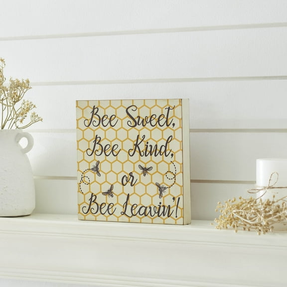 VHC Brands Buzzy Bees Bee Sweet, Bee Kind, or Bee Leavin! MDF Block Sign 8x8, Spring Decor, Home Decorations for Wall or Door, Spring and Easter Hanging Decoration