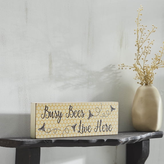 VHC Brands Buzzy Bees Busy Bees Live Here MDF Wall Sign 4x12, Spring Decor, Home Decorations for Wall or Door, Spring and Easter Hanging Decoration