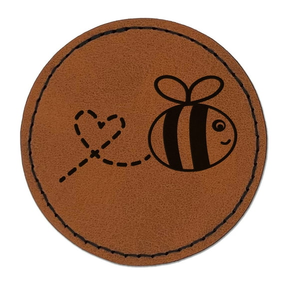 Buzzy Bumble Bee with Heart 2.5" Faux Leather Round Engraved Iron-On Patch - Brown