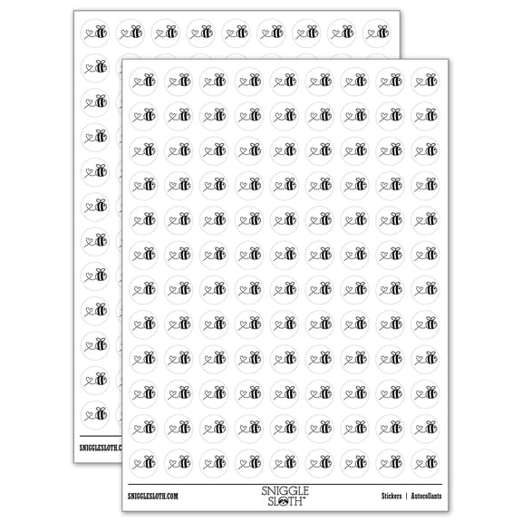 Buzzy Bumble Bee with Heart 200+ Round Stickers - White - Gloss Finish - 0.50" Size