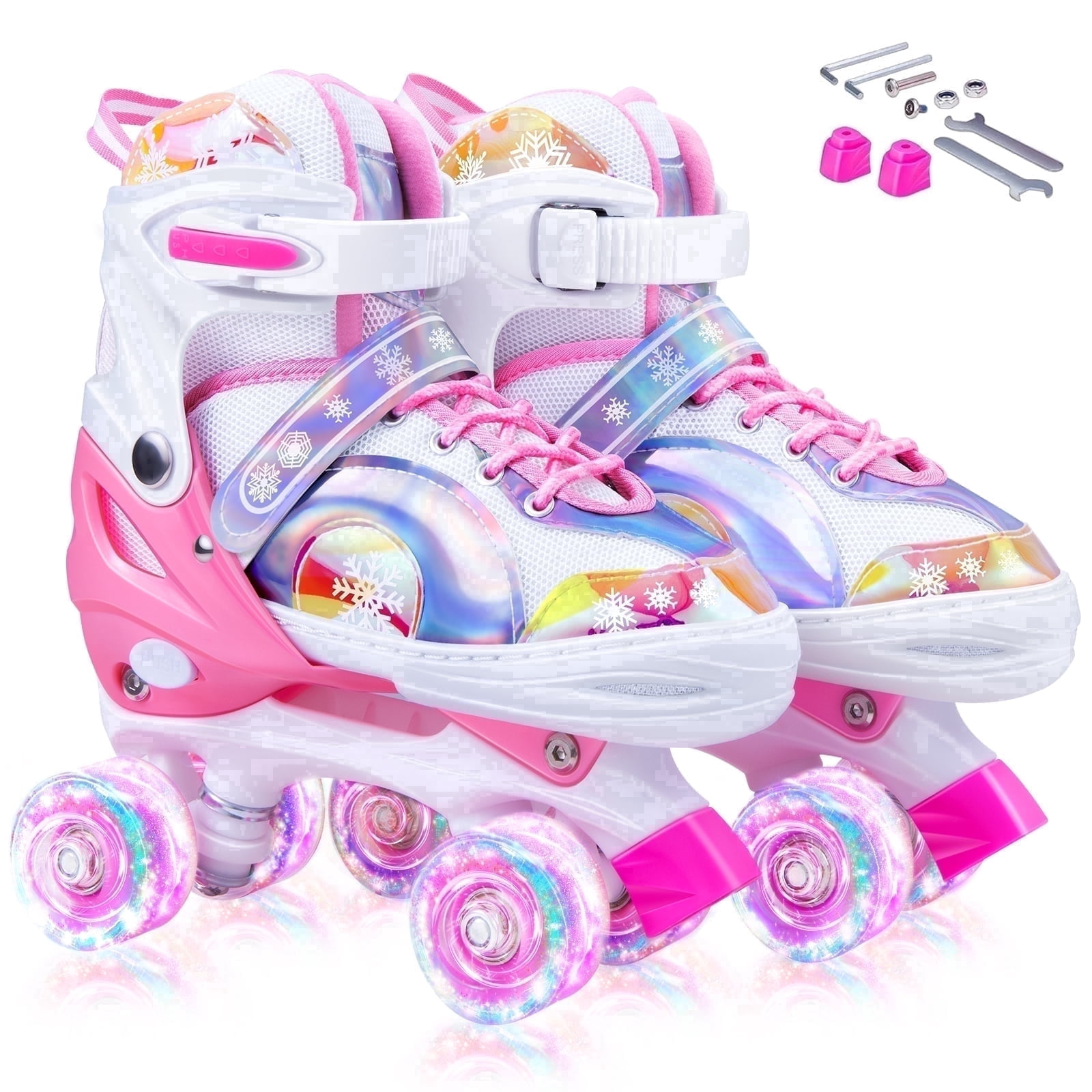 BVIVOK Adjustable Kids Roller Skates for Girls with Light up Wheels, Pink, Size 1-4