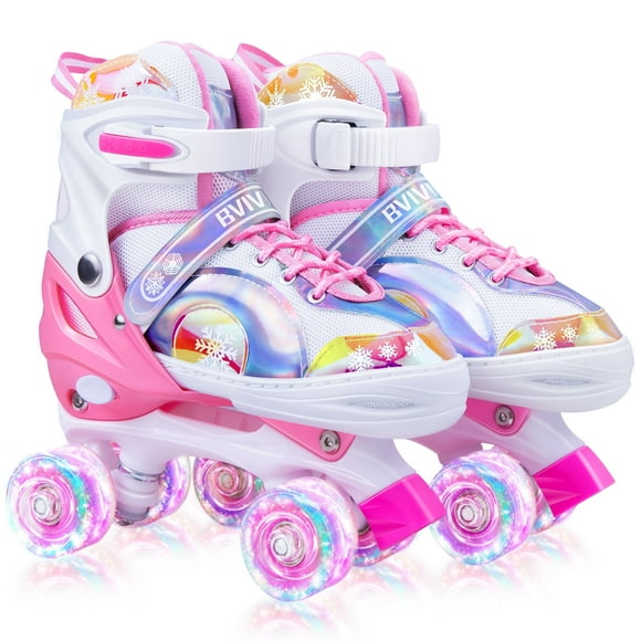 Bvivok Roller Skates for Girls Size (M: 2Y-5.5Y), 4 Sizes Adjustable, with Light up Wheels (Pink)