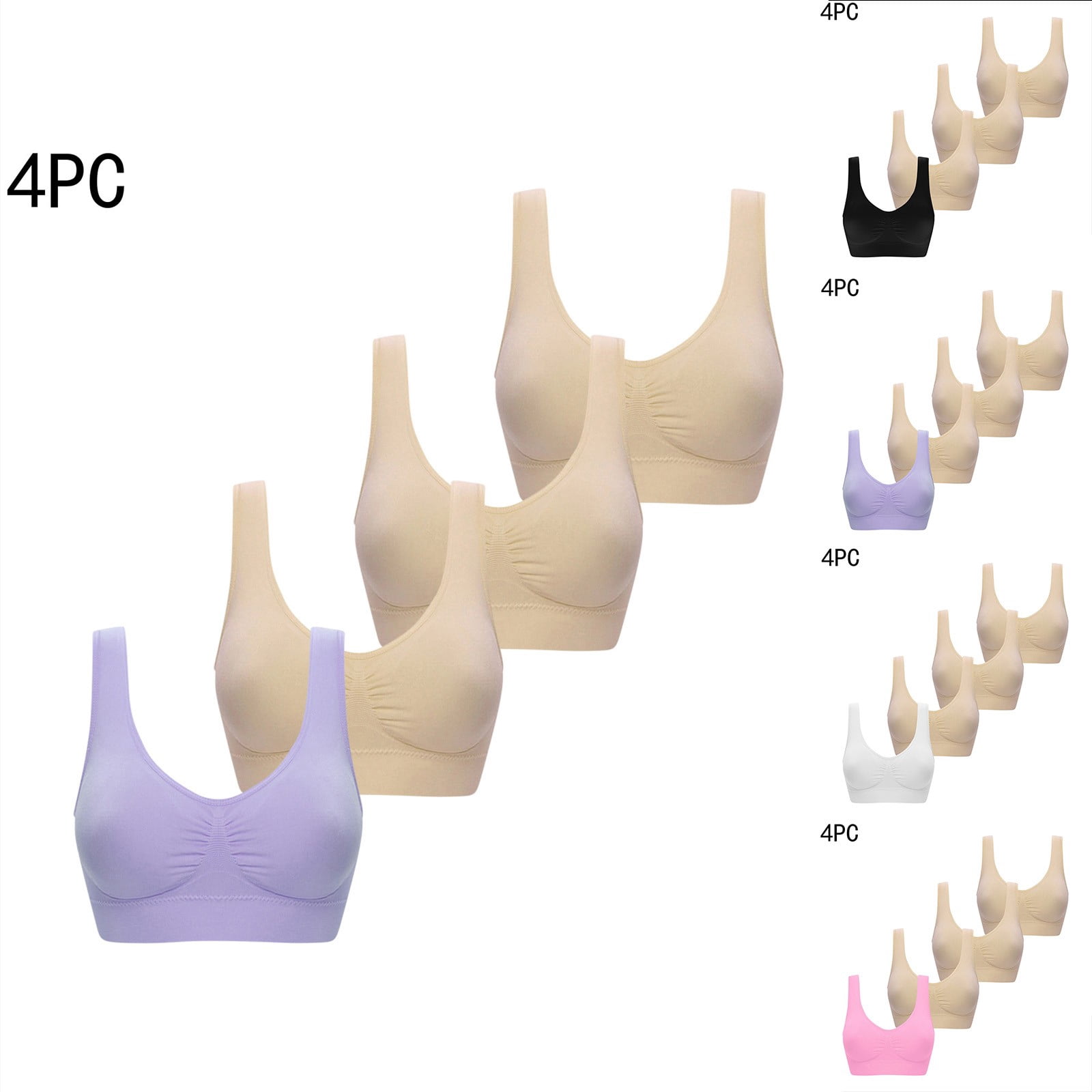 Bvxeep 4PC Women's Solid Color Plus Size Bra Sports Bra Cup Bra Tank ...