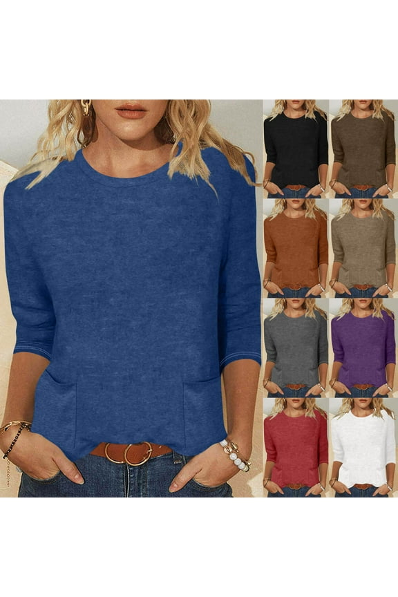 Women's 3/4 Sleeve Fashion Casual Round Neck Solid Color Double Pocket 3/4 Sleeve Top