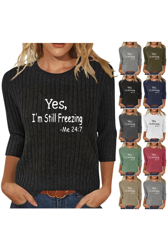 Women's Casual Fashion Print Brushed Ribbed Round Neck 3/4 Sleeve T-shirt Pullover Top / 3/4 Sleeve Round Neck Top / Women's Top