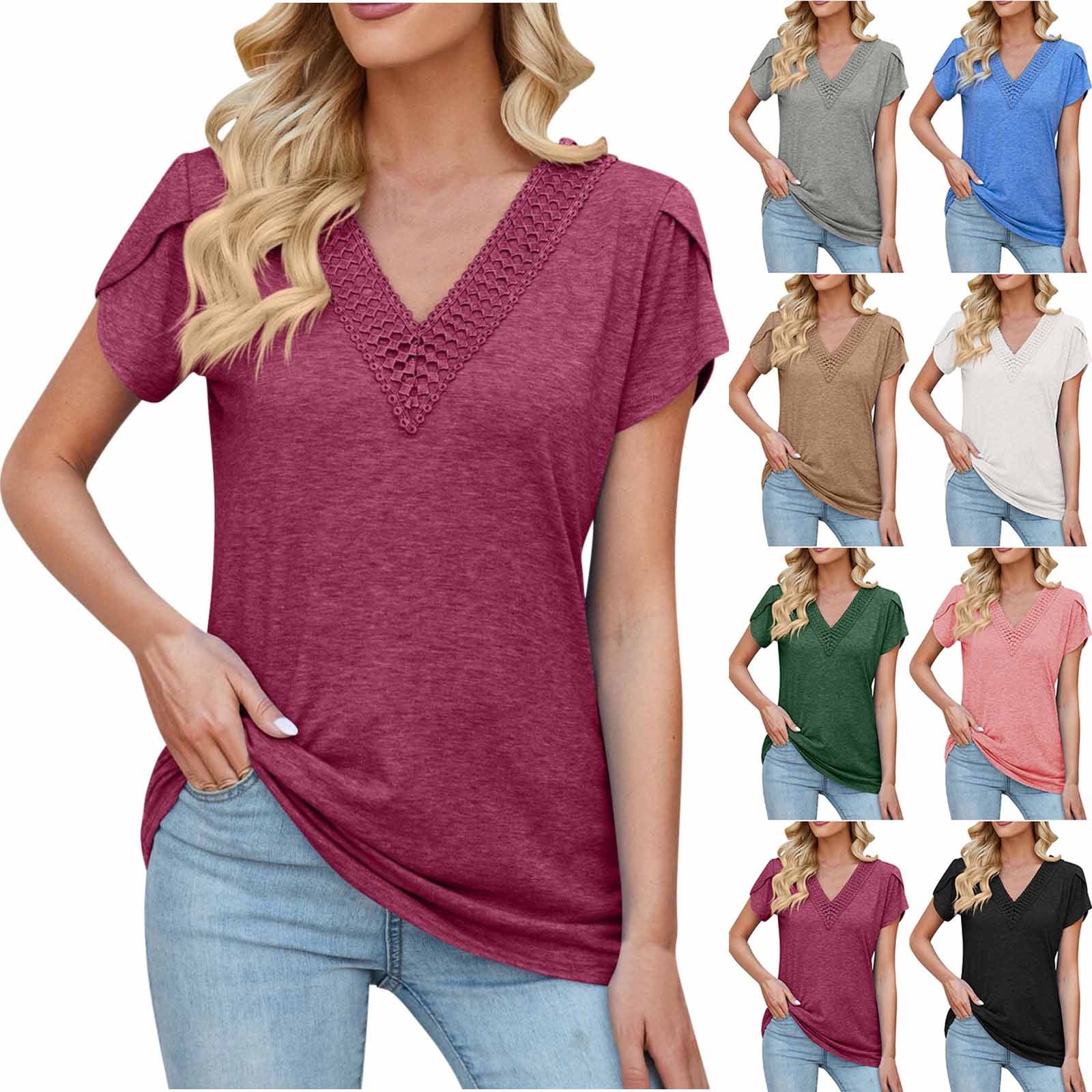 Bvxeep Women's Casual Lace V Solid Color Loose T Top - Walmart.com