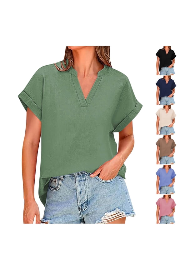 Women's Casual Linen Short Sleeve V Solid Color Fashionable Loose Top