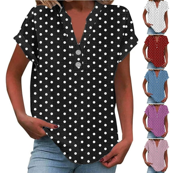 Bvxeep Women's Casual Polka Printed Short Sleeve Linen Button Loungewear V-Neck Top