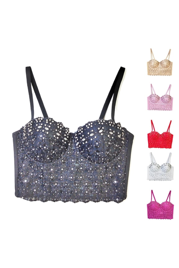 Women's Fashion Boned Bra Outer Wear Shiny Sequins Rhinestone Strap Bra