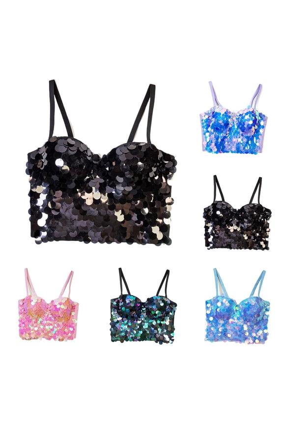 Women's Fashion Boned Bra Outer Wear Shiny Sequins Rhinestone Strap Bra