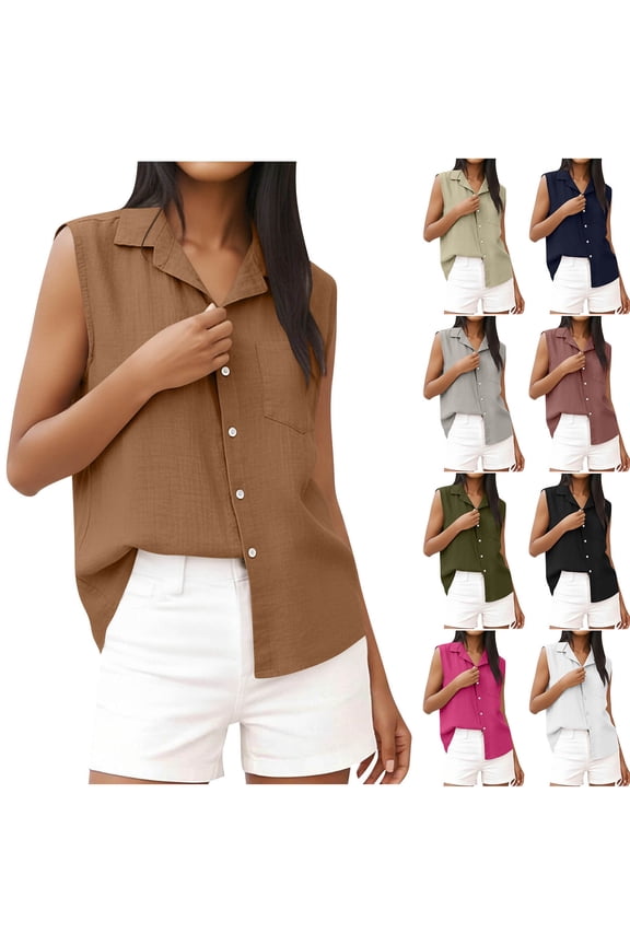 Women's Linen Lapel Button Pocket Style Full Placket Shirt Fashion Solid Color Sleeveless T-shirt Top
