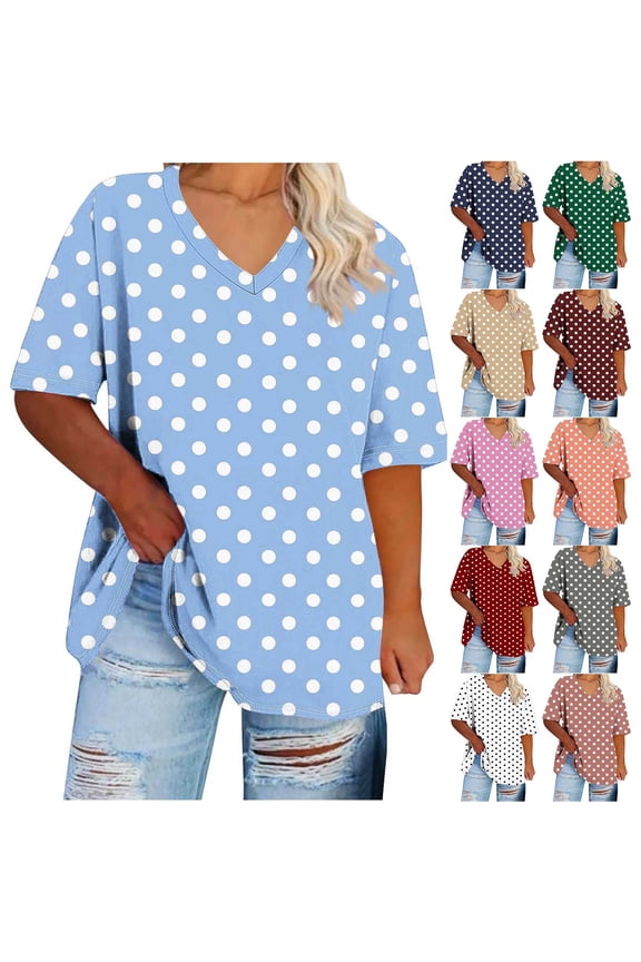 Women's Plus Size V-Neck Short Sleeve Polka Summer Base-Layer T-shirt