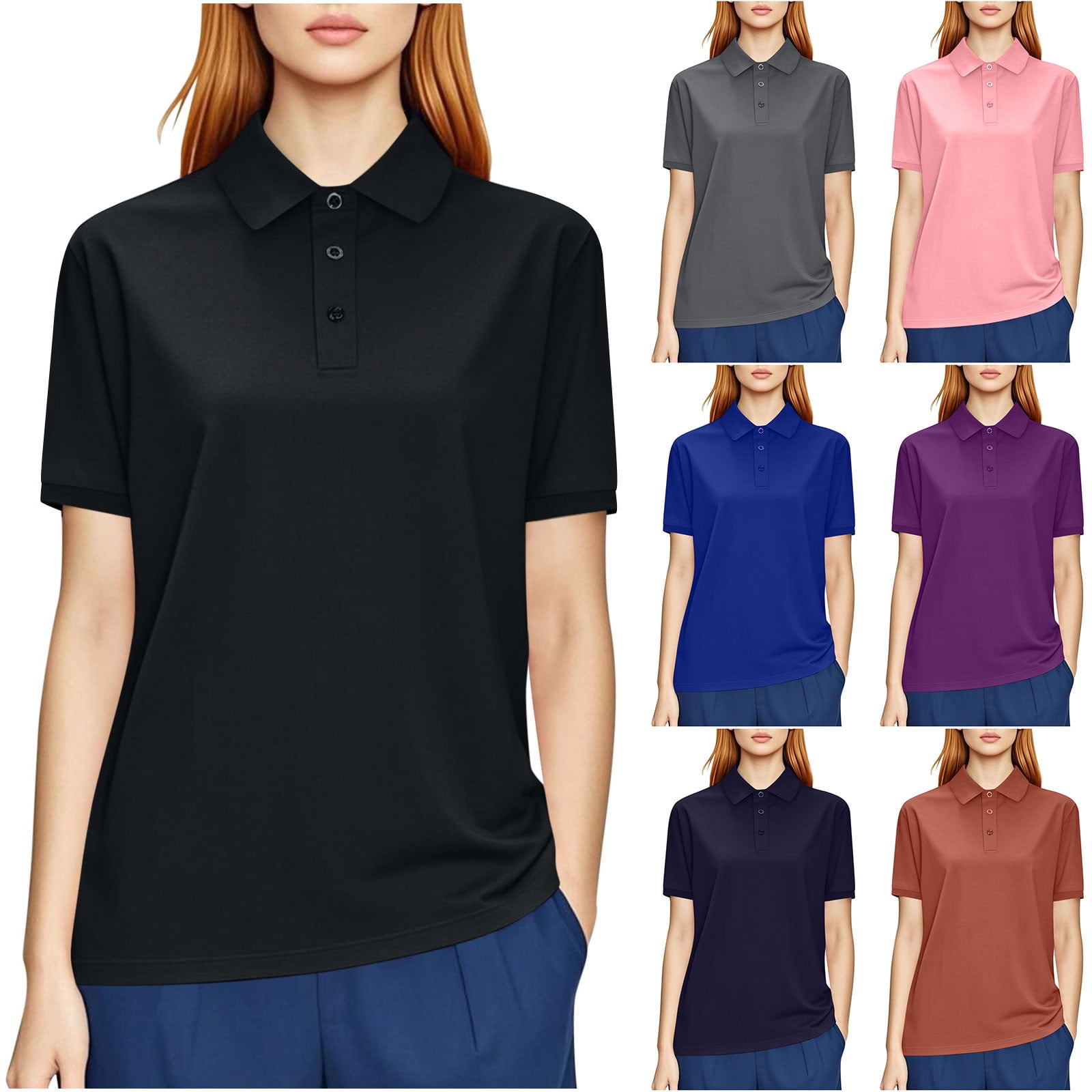Bvxeep Women's Solid Color Poloshort Sleeve Turn-Down Collar Top ...