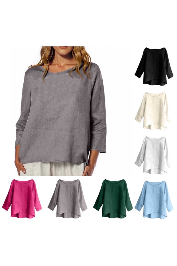 Women's Solid Color Round Neck Fashion Loose Casual 3/4 Sleeve Curved Hem T-shirt Top