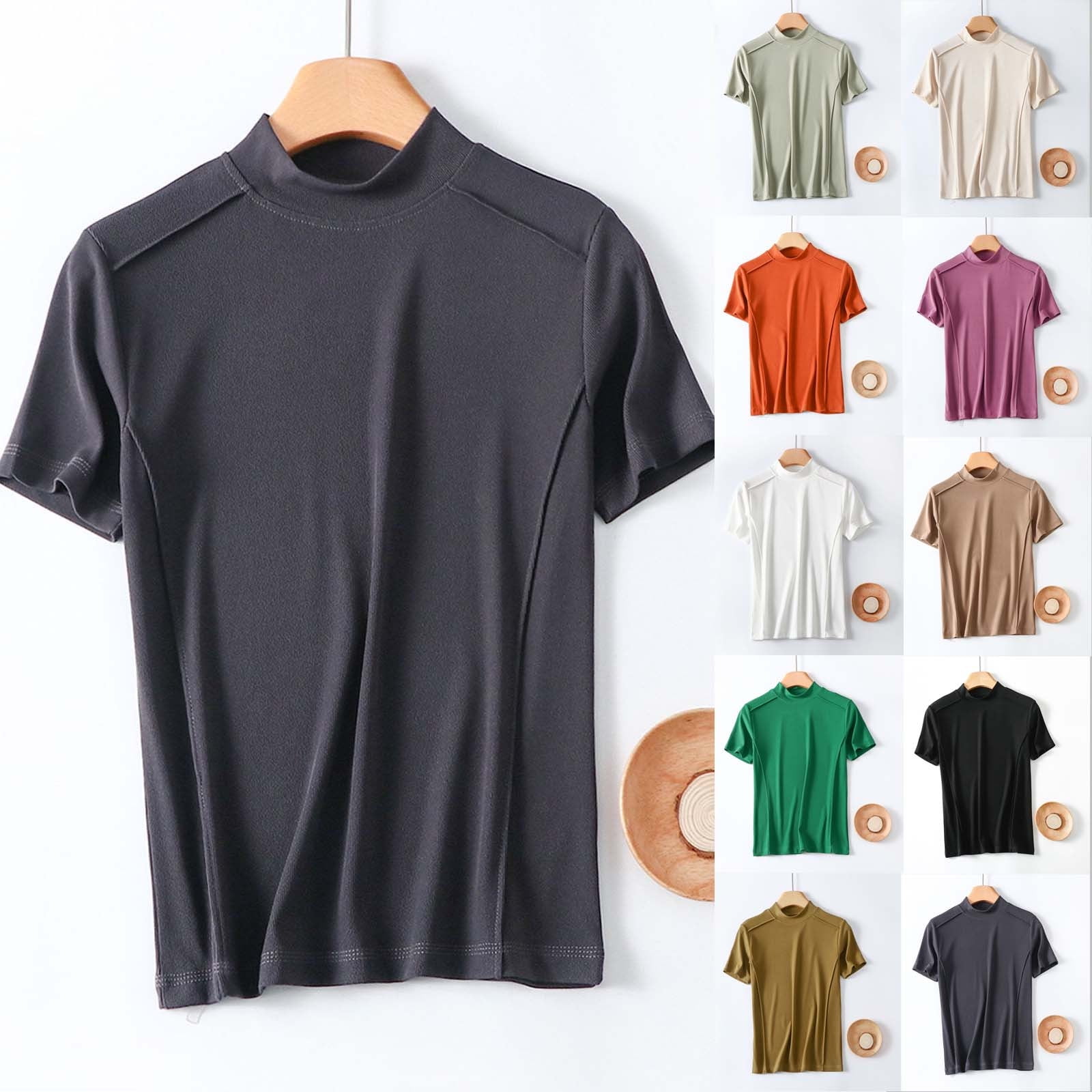 Bvxeep Women's Solid Color Round Neck Mock Neck T-shirt Short Sleeve ...
