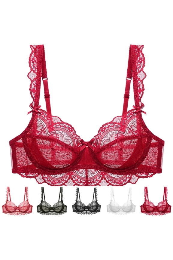 Women's Solid Color-Thin No Sponge Transparent Plus Size Push-Up Lace Bra Cup