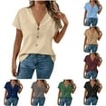 thumbnail image 1 of Bvxeep Women's Spring/Summer Fashion Casual Solid Color Button Collar Lapel Linen Short Sleeve T-shirt Top, 1 of 9